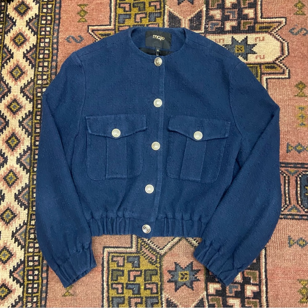 Maje Navy Textured Jacket with Silver Buttons. SM/36/4